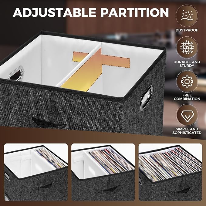 Vinyl Record Storage Box Set of 2 - Album Storage Holds 100+ Single Records, Decorative LP Storage Organizer Crate with Lid, Sturdy Moving Boxes for Vinyl, Easy to Carry and Organize Your Music Album