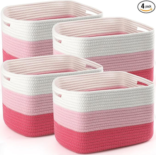 4 Pack Storage Baskets for Organizing, 12''Lx10''Wx8''H Woven Baskets for Storage Toys, Towels, Books, and Clothes, Cotton Rope Basket for Shelves with Handle (White & Pink)