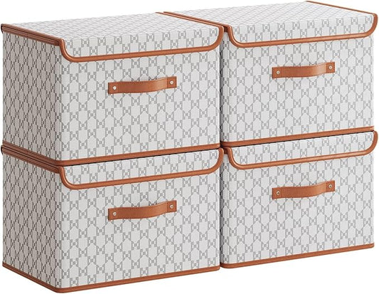 Tuza 4 Pack Fabric Storage Bins with Lids, Collapsible Closet Organizer Container, Decorative Storage Boxes with Lids for Organizing Clothes, Blanket, Grey & White, Large