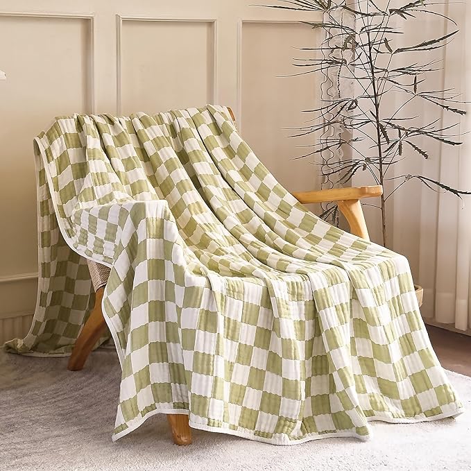 SANACYNA 100% Cotton Muslin Blanket 6-Layer Gauze Green Grid Bed Blanket Lightweight Soft and Breathable Swaddle Blanket for Crib Couch Bed Keep Warm (Green Checkerboard, Baby 30"x40")