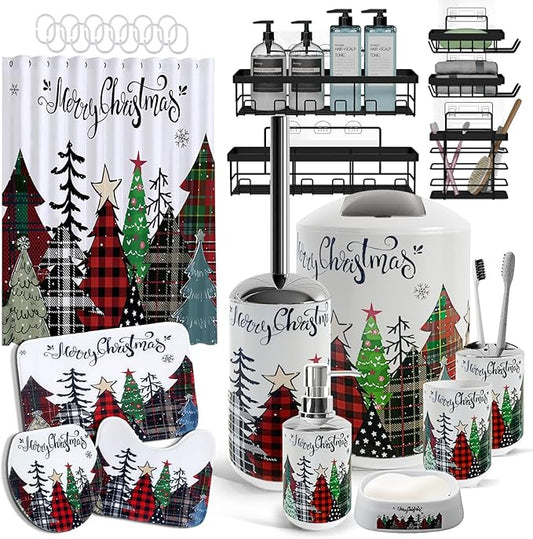 Clara Clark Bathroom Accessories Set - Christmas Shower Curtain Set, 27PC Xmas Bathroom Set with Adhesive Corner Shower Caddy Hanging, Christmas Bathroom Sets with Shower Curtain and Rugs