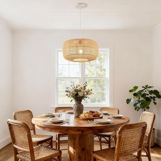 Hand-Woven Rattan Drum Pendant Light, 16in Boho Wicker Chandelier Hanging Lighting Fixture Coastal Pendant Lights for Dining Room Kitchen Island Living Room Bedroom Foyer Entrance