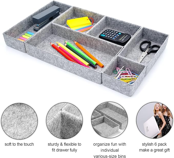 Welaxy Deluxe drawer organizers multi-purpose storage box junk bins for office home bathroom nightstand holder quiet luxury gift idea 6-piece Style A (Gray)