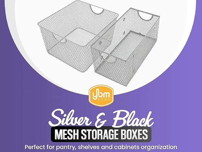 YBM Home Kitchen Pantry Organizer Wire Basket for Shelves, Cabinets, Pantry, Countertop, Mesh Open Storage Bin Metal Basket for Organizing Food Supplies 10” x 9” x 6” Pack of 1, Silver