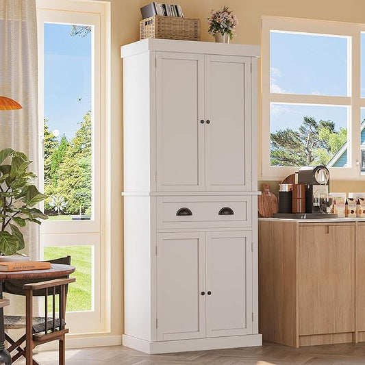 YESHOMY 72" Tall Storage Cabinet with Adjustable Shelves, Kitchen Pantry, Large Cupborad with 1 Drawer, Metal Handle, for Living Room, Bathroom, White