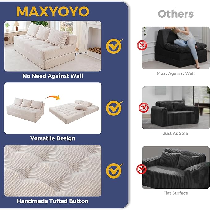 MAXYOYO Folding Sofa Couch, Convertible Floor Sleeper Couch with 3 Pillows, Tufted Floor Oversized Loveseat Couch Tufted Fold Out Chair Bed Comfy Sofa Lounge for Living Room Bedroom, Beige