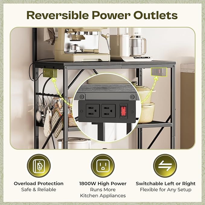Huuger 4-Tier Bakers Rack with Reversible Power Outlet, 23.6 Inch Microwave Stand with Paper Towel Holder, Kitchen Bar, Larger Storage with Top Shelf, 6 S Hooks, Black