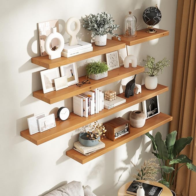 55 Inch Floating Shelves for Wall, 9.3" Deep USA-Sourced Solid Wood Wall Shelves with Heavy Duty Invisible Bracket, Nursery Storage Display Shelf for Living Room, Kitchem, Bedroom, Set of 1, Natural