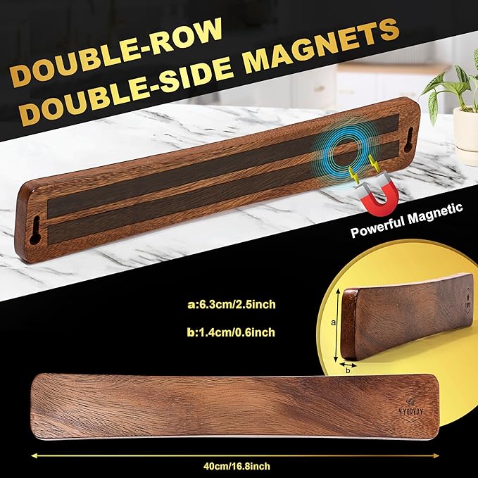 4 YORVOY Magnetic Knife Holder for Wall-16 inches long Kitchen Organizer- No Drilling Knife Magnetic Strip- Compact Utensil Holder- Acacia Wood Knife Rack- Strong Knife Magnet- Easy Installation