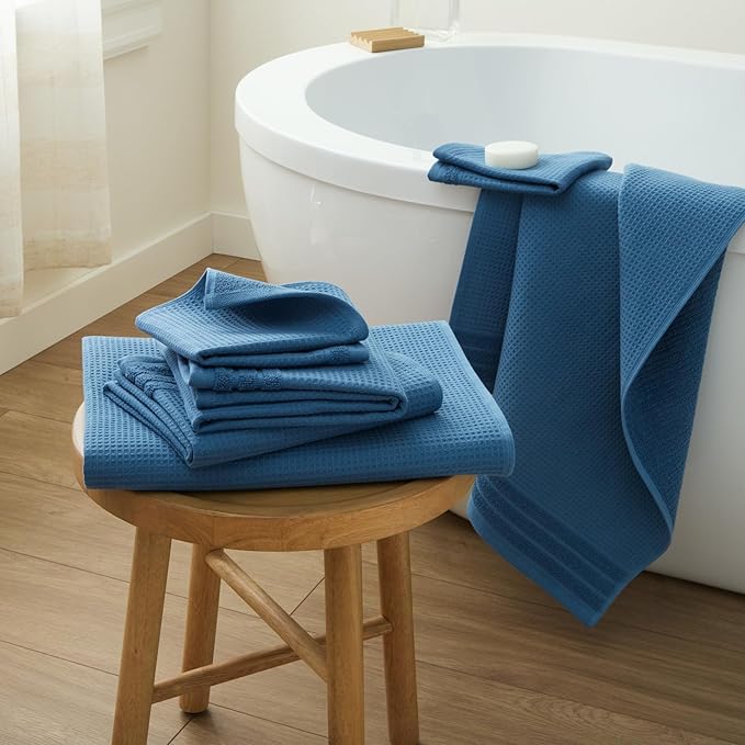 Town & Country Basics 6-Piece Assorted Waffle Woven Terry Stripe Set, 2-Bath Towels, 2-Hand Towels, 2-Washcloths, 100% Cotton, Quick Dry, Blue