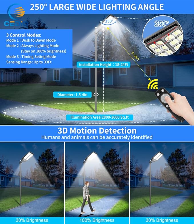 CEDIO Solar Street Lights, Outdoor Solar Lights IP66 Waterproof Street Light Dusk to Dawn, LED Flood Light with Motion Sensor for Yard (9800W-2PACK)
