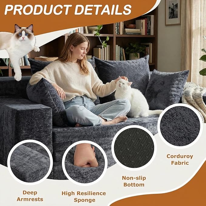 Convertible Sofa Bed, 5 in 1 Small Boneless Couch Pull Out Loveseat Sleeper Sofa,Corduroy Futon Couch Folding Mattress with 4 Pillows for Living Room Bedroom Lounge (No Assembly)