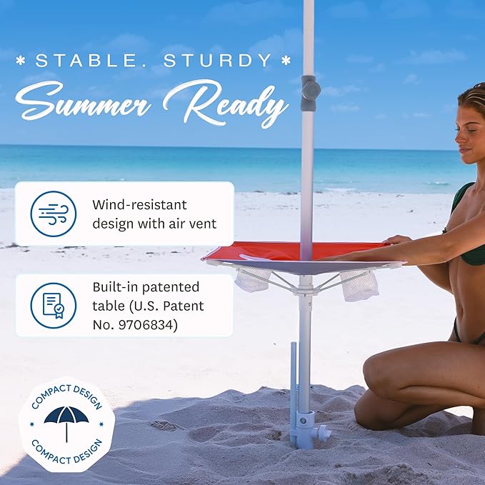 AMMSUN 7ft Heavy Duty High Wind Beach Umbrella with sand anchor Built-in Table Tray Vent Tilt Pole, UPF 50+ Windproof Portable Outdoor Umbrellas Carry Bag for Patio Garden Pool Backyard Red