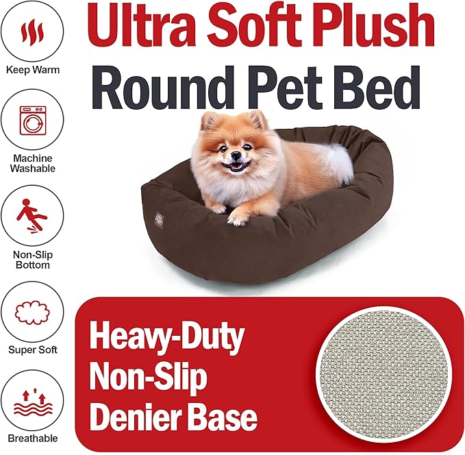 Majestic Pet 24 Inch Suede Calming Dog Bed Washable 24x19x7 (Inch) – Cozy Soft Round Donut Dog Bed with Spine Support for Dogs to Rest Their Head - Pet Bed Small – Chocolate (2025)