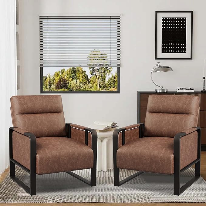 Modern Accent Chair with Tray Table PU Leather Upholstered Armchair for Bedroom Leisure Living Room Chairs Office Chair Dark Brown