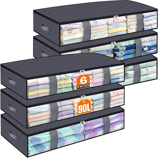 Under Bed Storage Containers, 6 Pack Blanket Storage Bags, Collapsible Storage Bags with Big Zippers, Clear Front, Shoe Storage and Organization for Clothes, Comforter, 90L, Grey