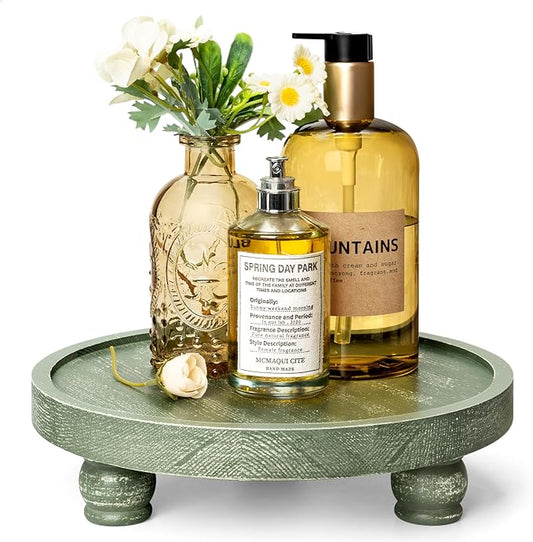 EOSAHR Farmhouse Pine Wood Riser for Home Decor – Round Pedestal Stand for Coffee Table & Kitchen Sink – Stylish Display Stand for Dish Soap Dispenser, Candles, Plants and Cupcakes (Green)