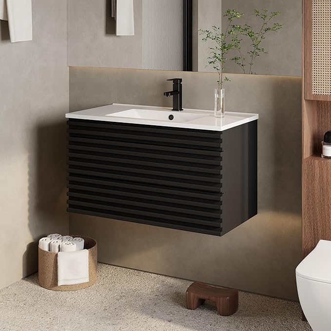 eclife 36" Floating Bathroom Vanity with Sink Combo Mid-Century Wall Mounted Cabinet with Wood Stripes Decor, Drawers, Undermount Sink, Faucet, Drain, Black
