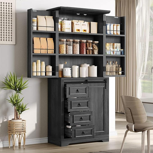 DWVO 71" Kitchen Pantry Storage Cabinet with Barn Doors, Tall Kitchen Cabinets with 4 Drawers and Adjustable Shelves, Versatile Storage for Living Room, Dining Room or Hallway, Grey Rustic Oak