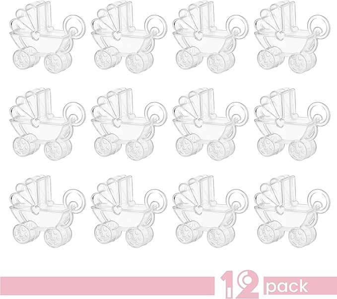 Baby Carriage Shaped Acrylic Candy Boxes - 12 Pack - 2.75"x2.75"x0.71" - Perfect for Weddings, Birthdays, Party Favors and Gifts | Cute Clear Plastic Containers | Clear Fillable Ornaments Crafts Decorations