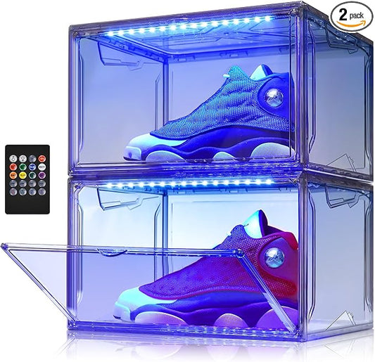 Shoe Storage Organizer for Closet, Foldable Shoe Boxes Rack 2 pack, Clear Plastic Stackable Containers Bins Holder, Magnetic Sneaker Shelf for Sneakerheads with LED Lights Grey