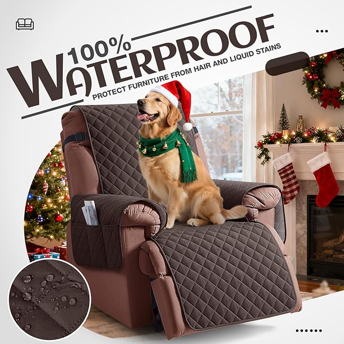 KinCam 100% Waterproof Recliner Chair Cover, Reclining Couch Covers for Pets, Dogs, Recliner Couch Slipcover Furniture Protector with Elastic Straps for Kids(25", Chocolate)