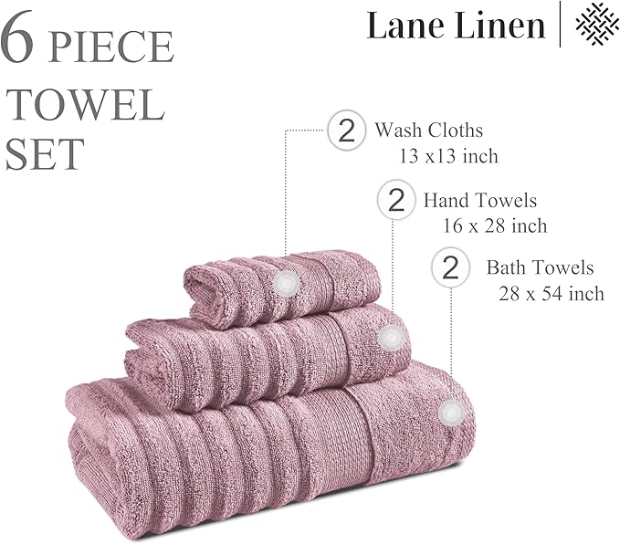 LANE LINEN 100% Cotton Bathroom Towels - 6 Piece Set - Hotel Grade Zero Twist Cotton Texture - 2 Bath Towels, 2 Washcloths, 2 Hand Towels - Super Soft, Quick Dry & Highly Absorbent - Wistful Mauve