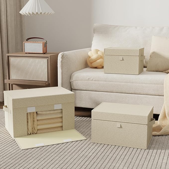 Fabric Storage Boxes, Closet Organizer with Handles, Basket Bins with Flip Cover, Cube Organization for Clothes, Shoes, Blankets, 10.2x7.9x6.7in, Grey and Beige, 4 Pack