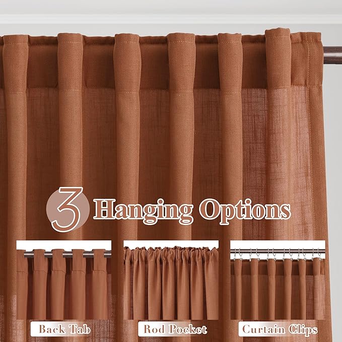 Joywell Terracotta Back Tab Linen Curtains 90 Inches Long 2 Panels for Living Room Bedroom Neutral Boho Farmhouse Rustic Light Filtering Semi Sheer Curtains Window Treatment 52x90