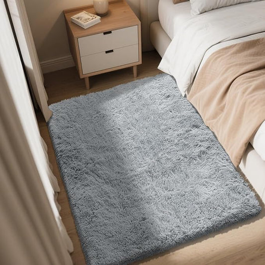Fluffy Rug Shaggy Area Rug, Grey 2x4 Area Rugs for Bedroom, Small Bedside Rug, Soft Fluffy Shaggy Entryway Throw Rugs for Living Room Bedroom Kids Room Home Decor