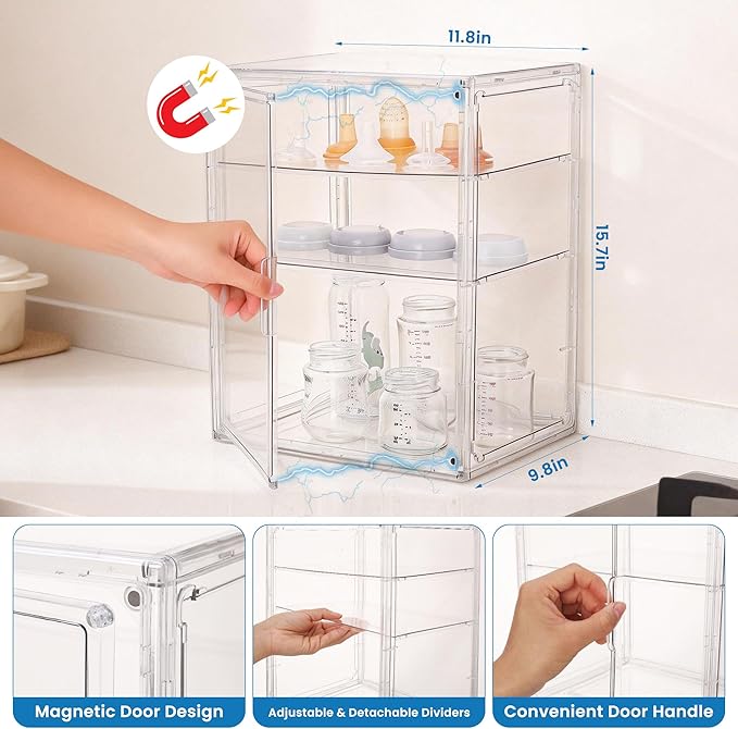 Baby Bottle Storage Organizer - 3 Tier Acrylic Storage Containers with 2 Removable Dividers, Clear Adjustable Baby Bottle Station Organizer for Countertop Cabinet, BPA-Free (3 Layer, Clear)