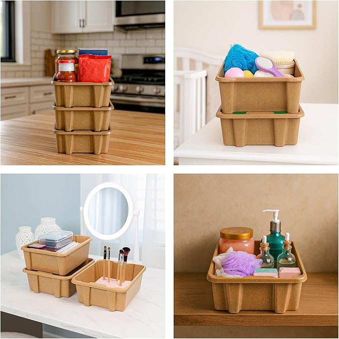 Best Kept Cupboard Organizers And Storage | Plastic Tray Wood-Like Texture| Bathroom Essentials | Skincare Organizer | Facial Care Product Storage Bin | Light Brown 3-Piece Organizer Set