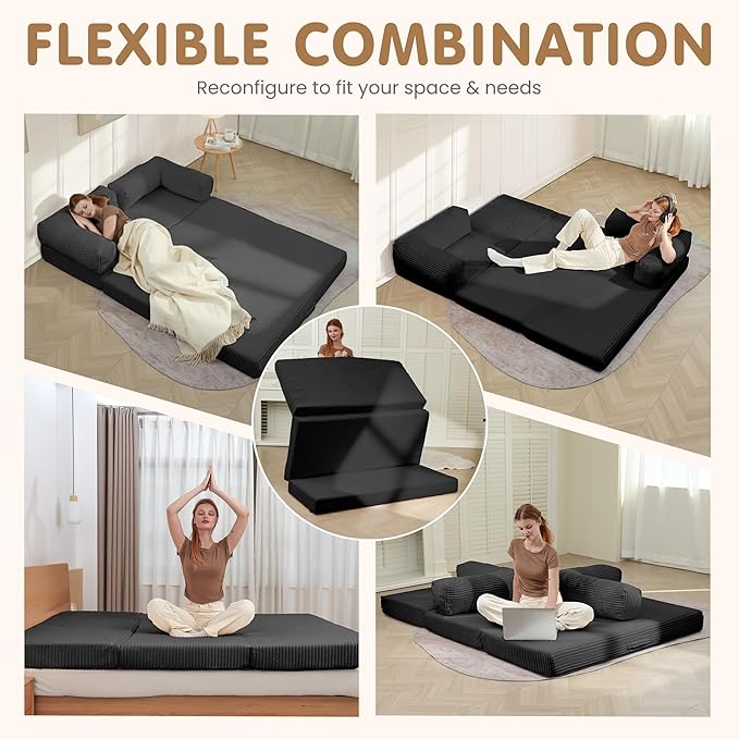 Convertible Sofa Bed Full,5-in-1 Tri-Fold Boneless Couch with Removable Armrests & Handle,Corduroy Futon Sleeper Sofa,Floor Folding Mattress Pull Out Bed for Small Space Apartment Living Room Bedroom
