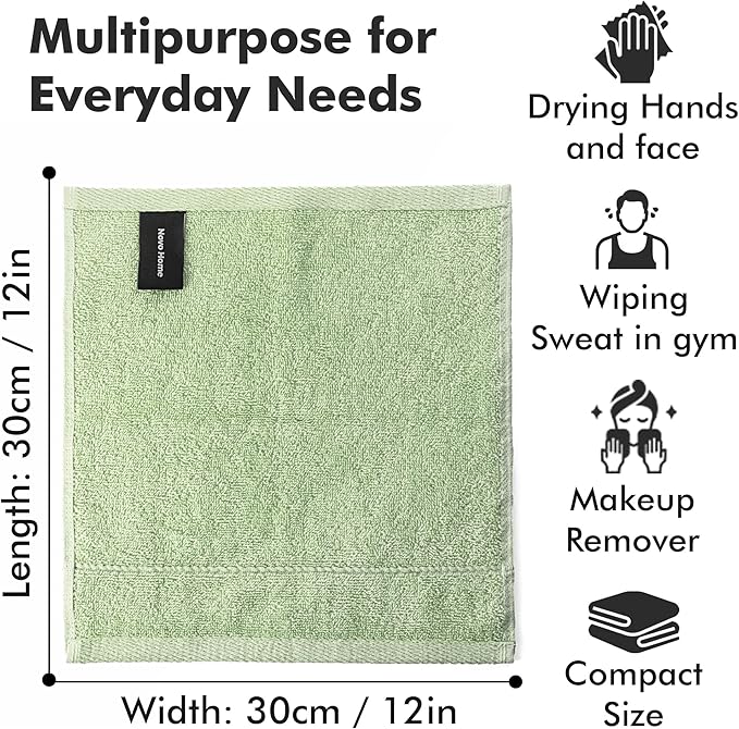 Face Towels Pack of 12 – 100% Cotton Wash Cloths (12x12 inch) – Soft, Quick Dry & Highly Absorbent Hand Towels for Bathroom, Spa, Gym, Kitchen and for Daily Use - (Light Green)