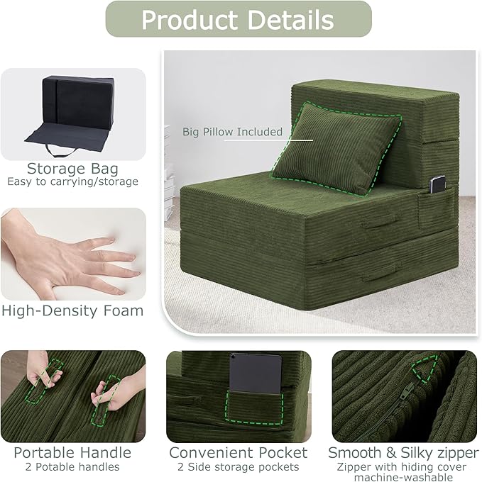 Folding Sofa Bed, 4 in 1 Convertible Sleeper Chair with Pillow, Single Memory Foam Fold Out Chair Bed, Modern Floor Futon Sofa Couch Mattress for Living Room/Guest/Apartment, Green | Convertible, Compressed sofa, Large storage bag