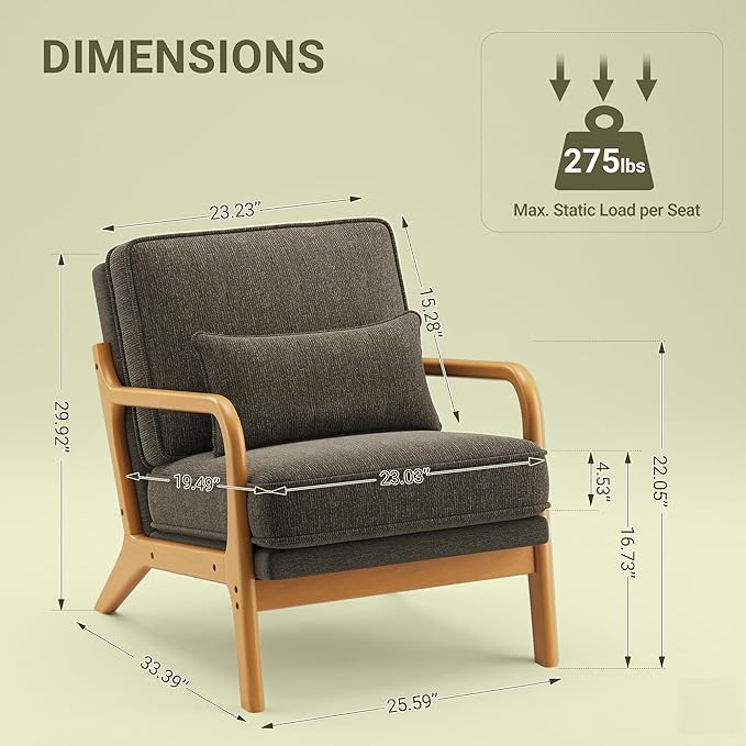 Accent Chair with Solid Wood Frame, Mid-Century Relaxing Armchair Lumbar Pillow& Soft Cushion, Reading Leisure Chair for Living Room, Bedroom, Waiting Room-Green