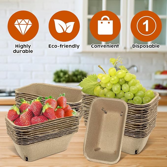 30 Pcs Natural Pulp Fiber Berry Basket, Molded Berry Basket Produce Vented Container for Strawberry Blueberry Raspberry and Vegetable Small Farmer Market Grocery Stores, Backyard Party 7.3x4.3x2.8inch