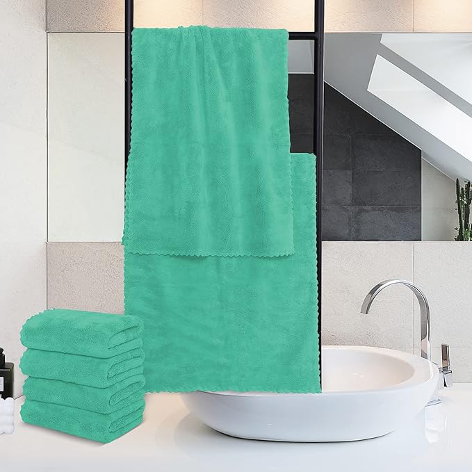 6 Pack Premium Hand Towels - Quick Drying - Microfiber Coral Velvet Highly Absorbent Towels - Multipurpose Use as Hotel, Bathroom, Shower, Spa, Hand Towel 16 x 28 inches (Aqua Green)