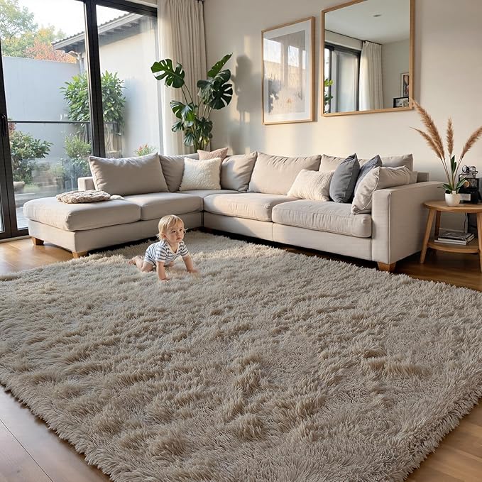 Fluffy Rug Shaggy Area Rug, Beige 4x6 Area Rugs for Bedroom, Small Bedside Rug, Soft Fluffy Shaggy Entryway Throw Rugs for Living Room Bedroom Kids Room Home Decor