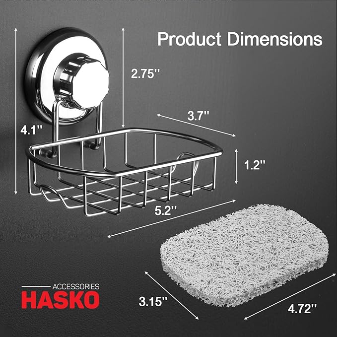 HASKO 2-Pack Suction Cup Soap Holder – Bar Soap Dish for Shower with Hooks for Bathroom – Optional Mounting with Adhesive Tape or Glue – Includes 2 Soap Savers – Polished Stainless Steel SS304
