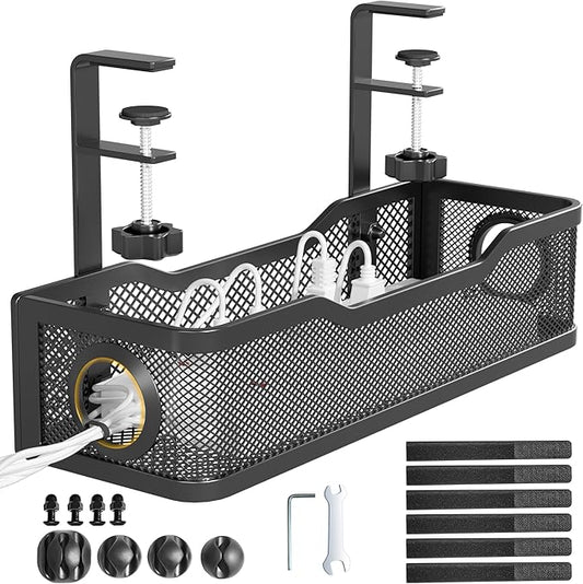 Under Desk Cable Management Tray Black, Cinati Wire Organizers No Drill, Cable Tray with Clamp for Wire Management, Cord Organization Box for Office, Home - No Damage to Desk