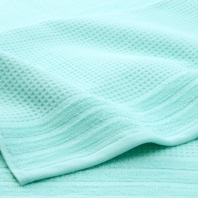 Town & Country Basics 6-Piece Assorted Waffle Woven Terry Stripe Set, 2 Bath Towel, 2 Hand Towel, 2 Washcloth, 100% Cotton, Quick Dry, Aqua