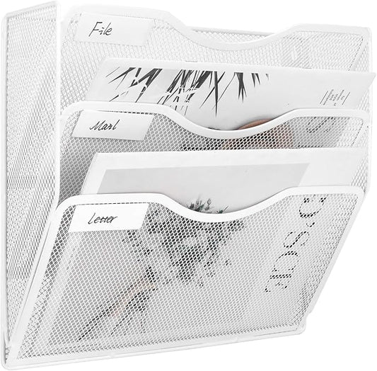 EasyPAG 3 Pocket Mesh Wall File Organizer, Hanging Paper Folder Holder with Classify Label, Vertical Wall Mount Mail Organizer for Office Home Classroom, White