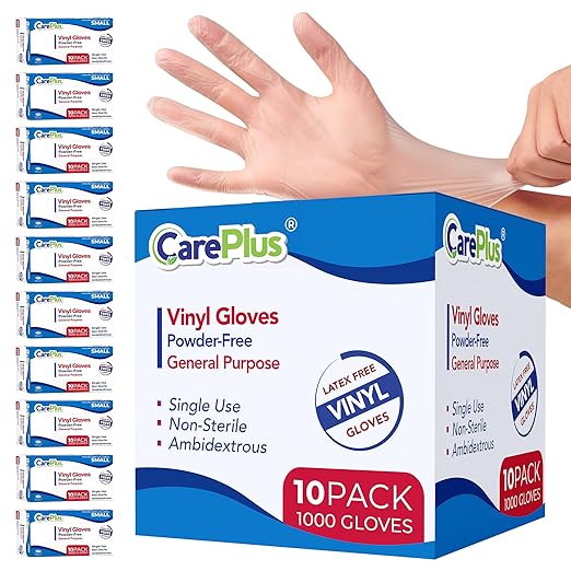 CARE PLUS Vinyl Gloves Clear Extra Large Size 1000 Count | Heavy Duty, Non-Sterile, Powder-Free, Latex-Free Rubber | Food Prep, Kitchen & Cleaning Gloves, Ideal for Professional Use
