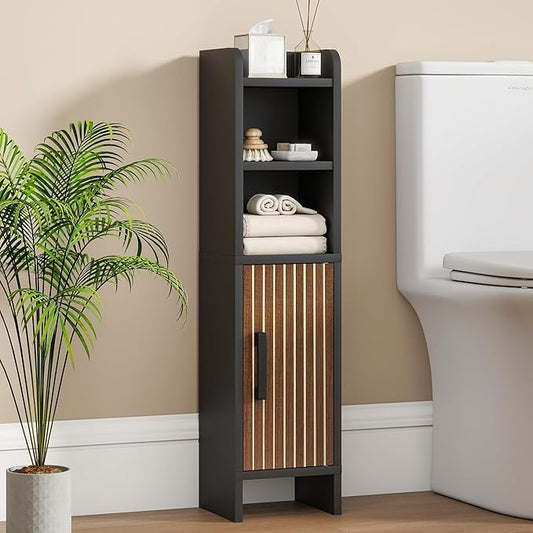 Small Bathroom Storage Corner Floor Cabinet Narrow Toilet Paper Cabinet with Adjustable Shelves Wooden Slim Bathroom Organizers and Storage with Fluted Door for Small Spaces, Black