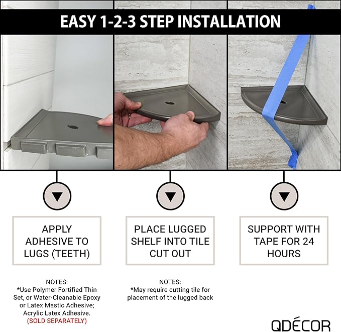 Questech 10" Corner Shower Shelf - Lugged for New Construction, Shower Organizer for Tiled Walls, Corner Caddy Soap Dish Bathroom Storage, Metro Lugged, Graphite Black
