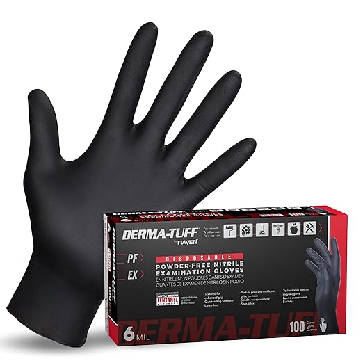 Derma-Tuff Powder Free Nitrile Gloves XL, 6 Mil Chemical + Puncture Resistant Exam Grade, Latex Free Black Gloves Disposable for Maintenance, Automotive and Janitorial, 120 Ct