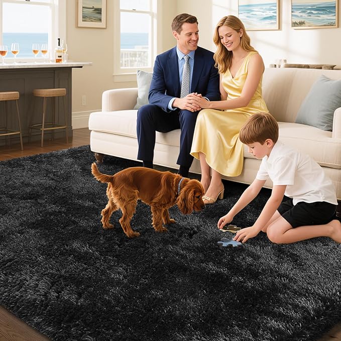 Fluffy Rug Shaggy Area Rug, Black 4x6 Area Rugs for Bedroom, Small Bedside Rug, Soft Fluffy Shaggy Entryway Throw Rugs for Living Room Bedroom Kids Room Home Decor