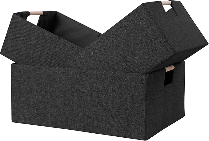 ANMINY 2PCS Storage Baskets for Organizing Collapsible Fabric Storage Bins Boxes with Wood Handles Closet Shelves Cube Organizer Bins Clothes Laundry Storage Container - Large, Black