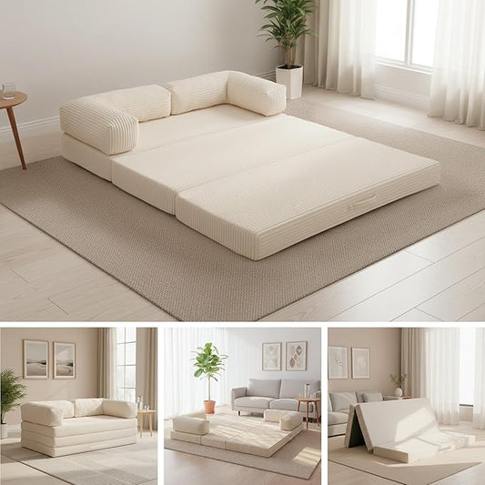 Convertible Sofa Bed Full,5-in-1 Folding Boneless Couch Corduroy Futon Sofa Bed,Tri-Fold Mattress with Removable Armrests & Handle,Sleeper with Pull Out Bed for Small Space Living Room Bedroom